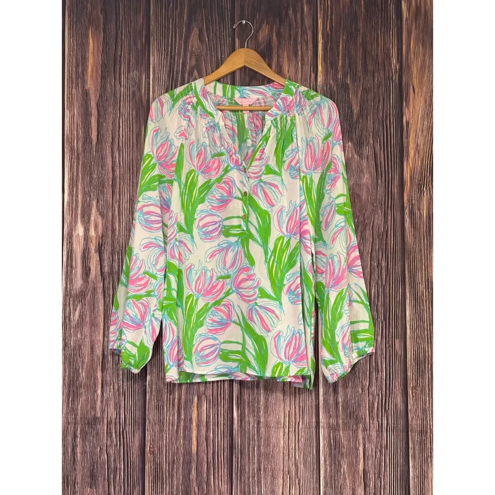 Lilly Pulitzer Silk Blouse Womens Large Tulip Time Floral Pink Green Button Top - Picture 2 of 12